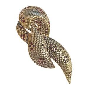 Textured Gold statement brooch mod knot tiny red rhinestones Art Deco with FLAW